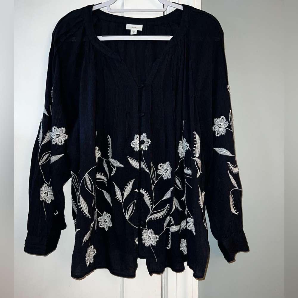 J.Jill boho navy blue blouse with embroidered flowers